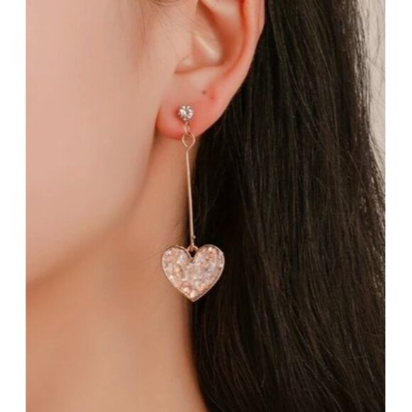 Gold Toned Heart‎ Drop Earrings With Rhinestone Details - Picture 2 of 3
